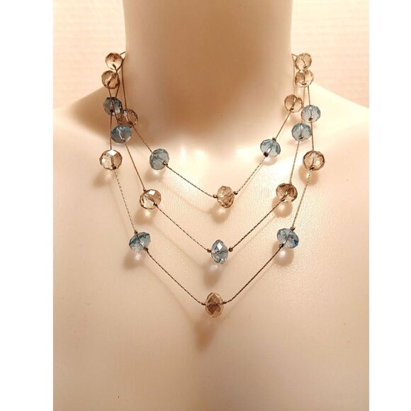 Elegant Silver-Tone Metal Layered Necklace with Chain Smoky and Blue Crystals - Picture 4 of 10
